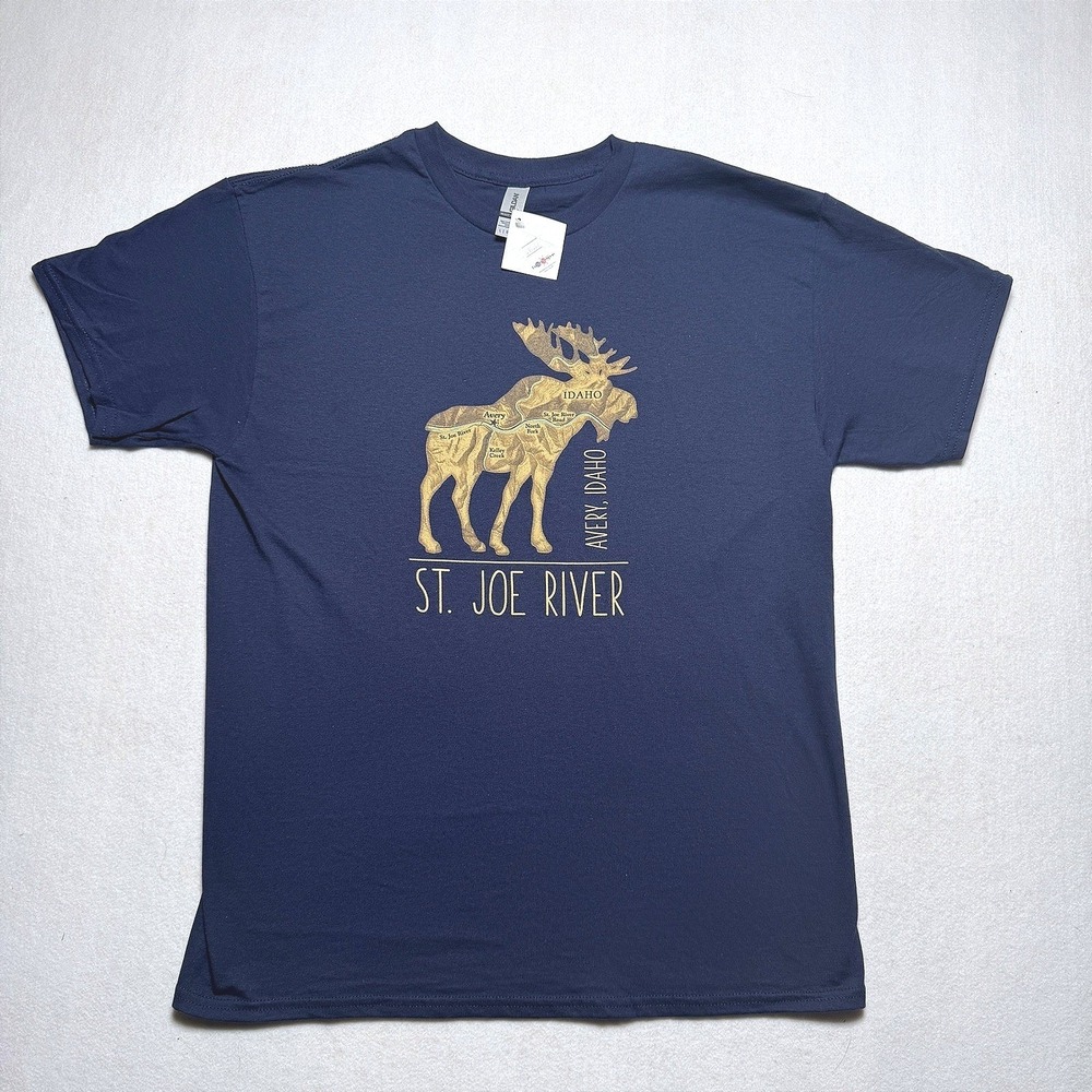 Gildan Avery Idaho St Joe River Moose Map T-Shirt Mens Large Navy Blue NWT